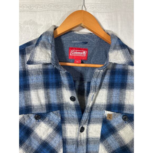 Coleman Flannel Button Up XL Blue White Plaid Long Sleeve - Picture 6 of 11